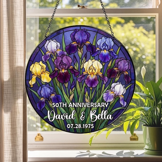 Personalized Iris Anniversary Glass Suncatcher with Name & Date, Custom 50th Wedding Gift, Stained Glass Flower Window Hanging for Parents