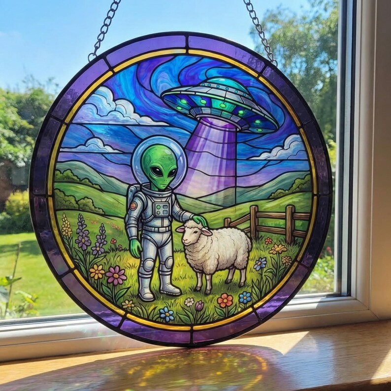 Alien Abduction Stained Glass Suncatcher, UFO Alien Window Hanging ...