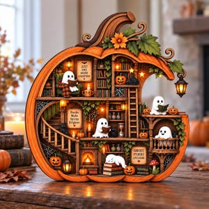 May include: A wooden pumpkin-shaped diorama featuring multiple levels of a library filled with miniature books, glowing lanterns, and small white ghosts. Signs read Just One More Chapter, Books Make Spirits Brighter, and Ghost Stories Live Here.