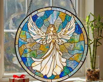 Atrapasueños artesanal de vitral con ángel orando, adorno colgante de ventana con ángel alado, regalo religioso, regalo de cumpleaños, decoración bohemia prismática