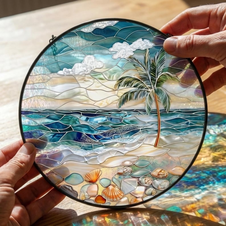 Puede incluir: Obra de arte redonda de vidrieras que representa una escena de playa. La obra presenta una palmera, olas del oc&eacute;ano, nubes blancas y conchas marinas. El vidrio es en tonos de azul, verde y beige, con un marco de metal negro. La pieza est&aacute; sostenida por dos manos.