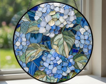 Blue Hydrangea Stained Glass Suncatcher, Wildflower Floral Window Hanging, Vintage Aesthetic Sun Catcher, Garden Decor Gift for Home