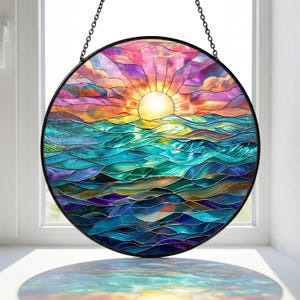 Ocean Sunset Stained Glass Suncatcher, Colorful Wave Window Hanging, Coastal Sun Catcher Decor, Seascape Art Gift for Home