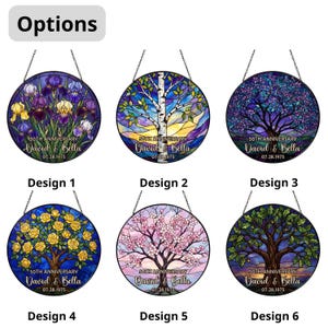 May include: A collection of six round, stained-glass window hangings, each featuring a unique design. Designs include floral arrangements, trees, and a birch tree, with the text "50th Anniversary" and a personalized name and date.