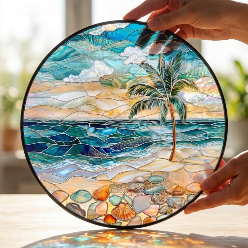 Puede incluir: Un panel redondo de vidrieras que representa una escena de playa con una palmera, olas del oc&eacute;ano y una orilla arenosa. La obra de arte presenta un marco negro y est&aacute; sostenida por dos manos. Los colores incluyen tonos de azul, verde, amarillo y marr&oacute;n.