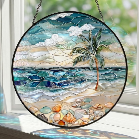 Stained Glass Ocean Waves Suncatcher, Coastal Beach Window Hanging, Ocean Glass Art, Seaside Decor, Beach Lover Gift, Coastal Home Decor