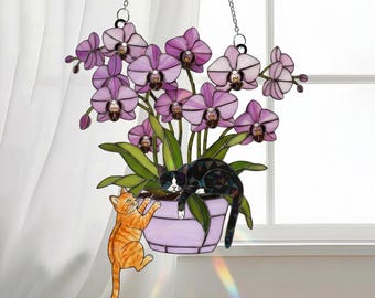 Custom Orchid Cat Suncatcher, Personalized Stained Glass Window Hanging, Cute Cats with Purple Flowers, Cat Lover Gift, Home Decor Art