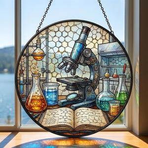 May include: Round stained glass window art featuring a vintage microscope, beakers, and flasks, depicting a laboratory scene. The artwork includes an open book with chemical formulas and a honeycomb background. The window is framed in black and hangs from a chain.