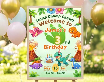 Sjabloon voor welkomstbord met dinosaurusthema voor een kinderfeestje, Stomp Chomp Chew feestdecoratie, bewerkbare Canva-download, printbaar dinosaurus verjaardagsbord voor kinderen
