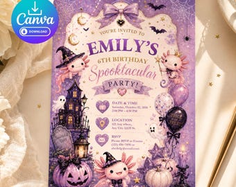 Una adorable plantilla de invitación de cumpleaños de Halloween con temática de ajolotes. Esta tarjeta digital editable de 5x7 pulgadas le dará un toque festivo a la fiesta de cumpleaños de cualquier niño o niña. Presenta un moderno color morado pastel y el lema "Spooktacular", una celebración espeluznante.