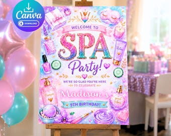 Plantilla de cartel de bienvenida para fiesta de cumpleaños con temática de spa para niñas - Póster decorativo de pared - Rosa y morado - Elegante y bonito - Celebración digital imprimible - Descargable - 4 tamaños - Nombre y edad modificables - Editable en Canva