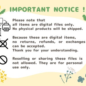 Puede incluir: Un aviso de archivo digital amarillo claro con el texto "IMPORTANT NOTICE!". El aviso incluye iconos de una computadora, una impresora y una caja con una X. El texto indica que todos los art&iacute;culos son solo archivos digitales.