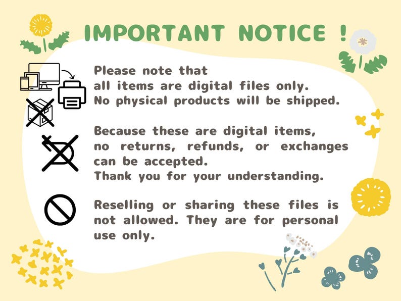 Puede incluir: Un aviso de archivo digital amarillo claro con el texto "IMPORTANT NOTICE!". El aviso incluye iconos de una computadora, una impresora y una caja con una X. El texto indica que todos los art&iacute;culos son solo archivos digitales.