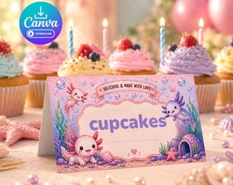 Lindas tarjetas de cumpleaños con diseño de ajolote para la comida, tarjetas de lugar editables con temática submarina y tarjetas de lugar y etiquetas digitales descargables que se pueden editar con Canva. El reverso también incluye una ilustración de un ajolote.