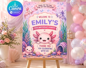 Cartel de bienvenida de cumpleaños con ajolote - Plantilla editable de Canva - Póster para fiesta de cumpleaños con adorable criatura marina - Mundo submarino (Disponible en 4 tamaños: A3, 16x20 pulgadas, 18x24 pulgadas, 24x36 pulgadas)