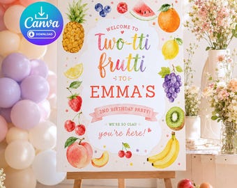 Plantilla para cartel de bienvenida de segundo cumpleaños, editable en Canva, cartel de cumpleaños con diseño de frutas Tutti Frutti en acuarela, impresión descargable, 4 tamaños: A4, 16x20, 18x24, 24x36