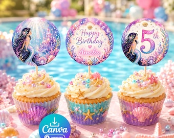 Plantilla para adornos de cupcakes de sirena para el 5.º cumpleaños - Etiquetas de regalo de cumpleaños con temática del mundo submarino - Producto digital - 2 y 2,5 pulgadas - Decoración de fiesta de princesa con un lindo y elegante mundo submarino - Diseño imprimible incluido - Editable en Canva - Números personalizados disponibles bajo petición