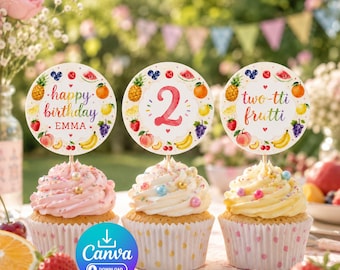 Plantilla editable de Canva Two-tti Frutti Tutti Frutti Etiquetas de regalo de acuarela de frutas Etiquetas de agradecimiento 2 pulgadas 2.5 pulgadas Linda decoración elegante Tutti Frutti Niña Fiesta de frutas