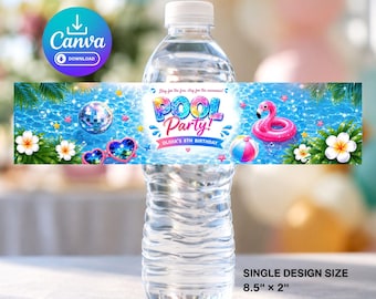 Etiquetas editables para botellas de agua, ¡ideales para fiestas en la piscina! Envoltorios perfectos para cumpleaños veraniegos. Descarga digital que te permite editar el texto en Canva e imprimirlo fácilmente. ¡Perfectas para fiestas de verano!
