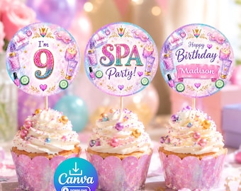Adorno editable para cupcakes de fiesta de spa para niñas de 9 años, redondo, decoración de cumpleaños para niñas, rosa, etiqueta de regalo, producto digital, niña, elegante, lindo, belleza, tratamiento, masaje, facial, manicura, relajación, plantilla de Canva