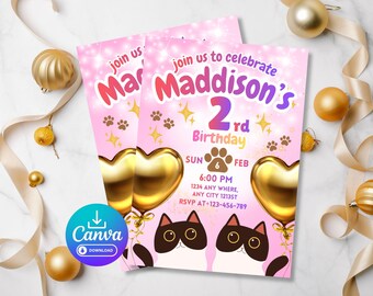 Plantilla de invitación de cumpleaños con gatito adorable | Invitación editable de Canva | Diseño con globos dorados y purpurina | Invitación para fiesta de cumpleaños infantil (12,7 x 18,8 cm)