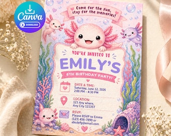 Invitación de cumpleaños número 6 con diseño de ajolote - Plantilla editable de Canva - 5x7 pulgadas - Impresión digital - Mundo submarino para niñas - Fiesta rosa