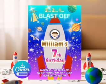 Edytowalny szablon zaproszenia urodzinowego z motywem astronauty i rakiety kosmicznej, zaproszenie na imprezę dla chłopców w kosmosie, cyfrowe pobieranie Canva 5x7, start
