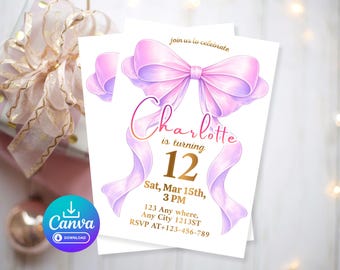 Invitación de cumpleaños con lazo rosa, texto dorado, elegante invitación para fiesta, plantilla editable de Canva, descarga digital imprimible de 5 x 7 pulgadas.