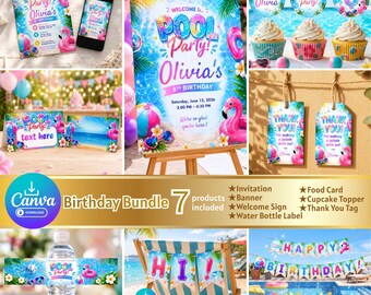 ¡Un set de decoración editable de 7 piezas para una fiesta de cumpleaños en la piscina! Este precioso paquete incluye invitaciones, un cartel de bienvenida, pancartas, adornos para pasteles, etiquetas de agradecimiento, una etiqueta para la comida, etiquetas para botellas de agua y mucho más, perfecto para un cumpleaños veraniego. Puedes editar el texto libremente en Canva e imprimirlo.