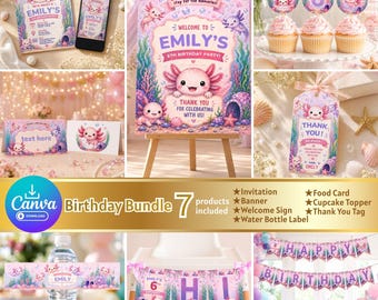 Un adorable conjunto de decoración de cumpleaños de 7 piezas con diseño de ajolote, editable en Canva, con una elegante temática de mundo submarino: invitaciones de cumpleaños, etiquetas de agradecimiento, adornos para cupcakes, pancartas, guirnaldas, letreros de bienvenida, etiquetas para comida, tarjetas para comida y etiquetas para botellas de agua.