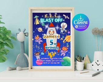Szablon zaproszenia urodzinowego z motywem astronauty kosmicznego, zaproszenie na przyjęcie z motywem rakiety kosmicznej, zwierzęta w kosmosie, edytowalny plik Canva do pobrania, 5 x 7 cali
