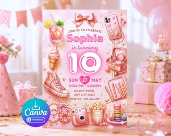 Invitación de cumpleaños juvenil lujosa en oro rosa, plantilla editable para el décimo cumpleaños, invitación digital Canva 5x7 (para chicas), papelería glamurosa para fiestas.