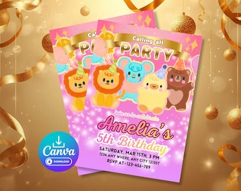 Invitación de cumpleaños con animales adorables, plantilla editable de Canva, invitación brillante para fiesta infantil, imprimible de 5 x 7 pulgadas, descarga digital