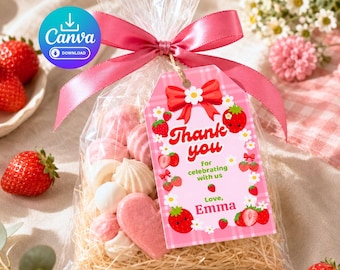Berry First Birthday, Thank You Tags, Strawberry 1st Birthday Party Favor Tags, Editable Canva Template, Printable 2x3.5 Inch