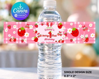 Editable Strawberry Berry First Birthday Water Bottle Labels for Sweet 1st Birthday Party Favors, Printable Cute Pink Drink Wrapper Canva