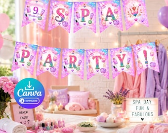 Plantilla de pancarta de cumpleaños con temática de spa para niñas - Decoración de pared con guirnalda - Rosa y morado - Elegante y adorable - Celebración digital imprimible - Descargable - Nombre y edad modificables - Edición en Canva