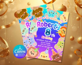 Invitación de cumpleaños con animales en degradado morado, plantilla editable de Canva, invitación para fiesta de animales adorables, descarga digital de 5x7, cumpleaños infantil unisex.