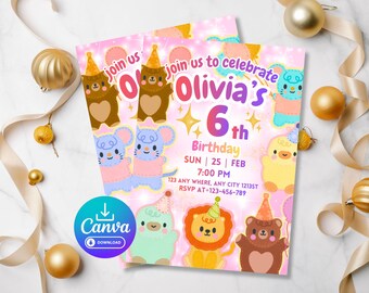 Plantilla de invitación de cumpleaños con animales adorables y brillo | Invitación editable en Canva | Invitación imprimible de 13x18 cm para fiesta de cumpleaños infantil | Descarga digital