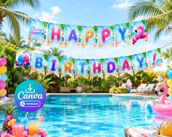 Editable Pool Party Birthday Banner, Kids Summer Beach Party Decor, Canva Template, Printable Tropical Birthday Backdrop, Digital Download