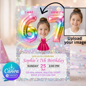 Invito per il settimo compleanno (per bambine, dai 6 ai 7 anni) modificabile con foto, modello fotografico, palloncini arcobaleno 6-7, download da Canva, stampabile 5x7, personalizzazione foto, inserimento foto, inserisci le tue foto