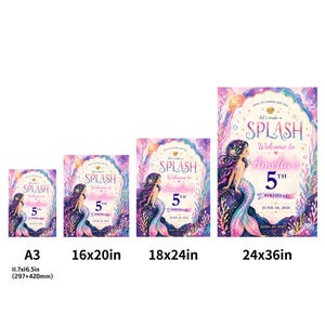 May include: A set of mermaid-themed birthday party posters in various sizes. Each poster features a mermaid illustration, the text "SPLASH", and the name "Amelia's" with the number "5th" and the birthday date. Sizes include 11.7x16.5in, 16x20in, 18x24in, and 24x36in.