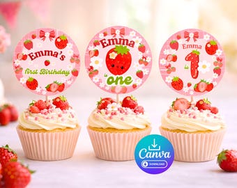 Adornos para cupcakes de primer cumpleaños con temática de bayas, decoración para fiesta de primer cumpleaños con temática de fresas, plantilla imprimible y editable de Canva