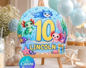 Dekoracja na 10. urodziny aksolotla, centralny element imprezy, edytowalny szablon Canva, urocze morskie stworzenie, wydruk urodzinowy, niebieski letni znak na stół dla chłopców lub dziewcząt