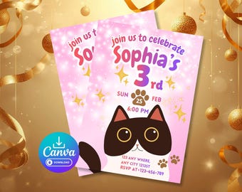 Invitación de cumpleaños de gatito adorable | Invitación de cumpleaños de gato con purpurina | Plantilla editable de Canva | Descarga digital de 5x7