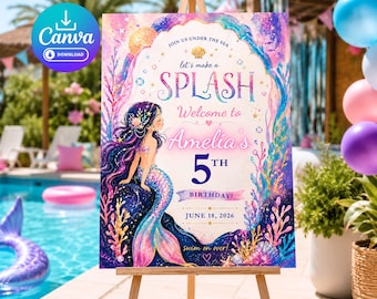 Letrero de bienvenida de cumpleaños de sirena, tablero de bienvenida, plantilla editable de Canva, decoración para fiesta temática submarina, A3, 16x20, 18x24, 24x36, póster de descarga digital, 4 tamaños.
