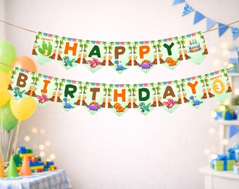 Plantilla editable de Canva para pancarta de cumpleaños de dinosaurios, lindas decoraciones para fiestas de dinosaurios, temática de volcán y huevo, descarga digital, guirnalda imprimible de 5x7.