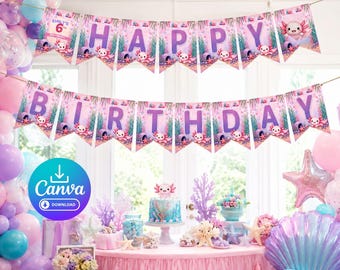 Un adorable cartel de cumpleaños con letras de ajolote, una preciosa guirnalda de cumpleaños con temática submarina y una descarga digital de decoraciones de pared y fondos fotográficos infantiles que puedes editar e imprimir usando Canva, incluyendo nombres y edades.