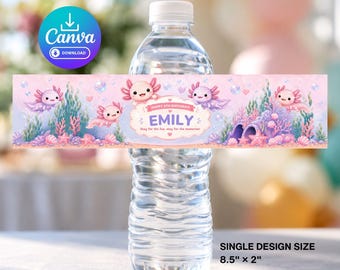 Etiquetas para botellas de agua con diseño de ajolote para cumpleaños, adorables envoltorios para botellas con temática del mundo submarino, plantilla editable de Canva - Descarga instantánea