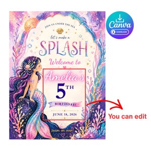 May include: A colorful mermaid-themed birthday party invitation. The design features a mermaid with purple hair and a blue tail, surrounded by aquatic elements. Text includes "Let's make a SPLASH" and "Amelia's 5th Birthday!" with the date June 18, 2026.