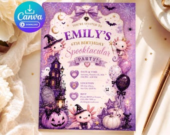 Editable Axolotl Halloween Birthday Invitation Pink and Purple Spooktacular Party Template Cute Printable Digital Card for Girls and Boys